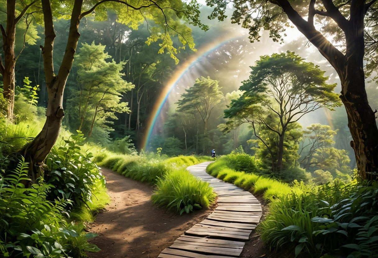 A serene landscape depicting a winding path through a lush green forest, symbolizing a journey. Alongside the path, diverse individuals embracing holistic healing practices; some meditating, others practicing yoga, and one reading a book on wellness. Soft sunlight filters through the trees, illuminating the scene with warmth and hope. In the background, a rainbow arcs gently, conveying positivity and empowerment. soft colors. peaceful atmosphere. nature-inspired.