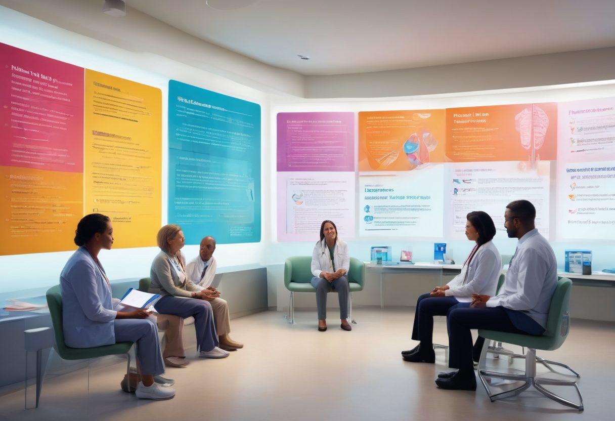 An informative and inviting scene featuring a diverse group of patients engaged in discussions about clinical trials, surrounded by colorful infographics and digital resources. In the background, a calming healthcare setting with banners showcasing different therapies, and an accessible guidebook in the foreground. The atmosphere should radiate empowerment, knowledge, and community support. vibrant colors. super-realistic. 3D.