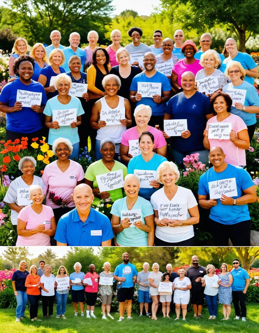 A collage of diverse individuals celebrating their recovery from cancer, each of them smiling and sharing their stories in a vivid outdoor setting filled with blooming flowers. In the background, a supportive community of friends and family holds signs with encouraging messages, symbolizing strength and hope. The atmosphere is warm and uplifting, capturing the essence of resilience and triumph. Vibrant colors. super-realistic.